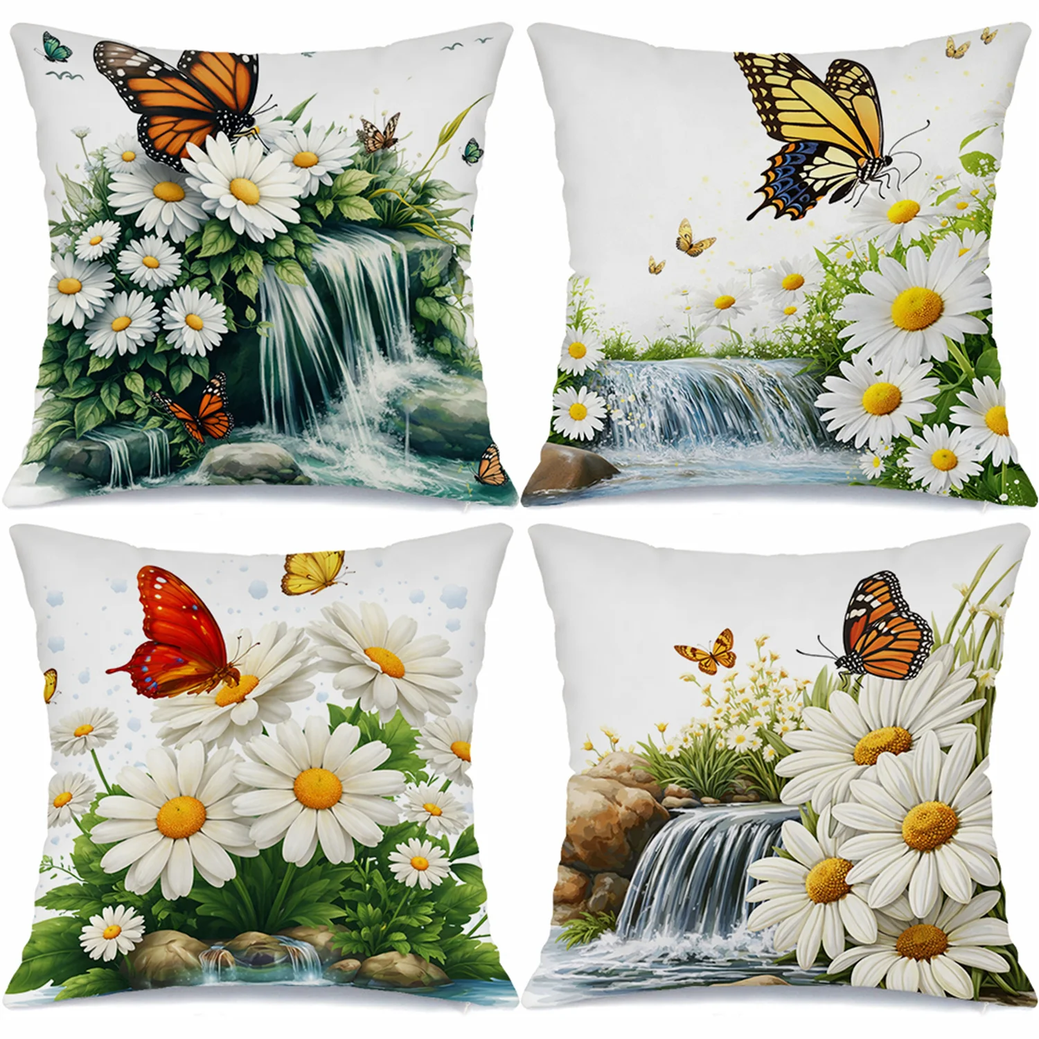 Daisy Butterfly Waterfall Pillow Covers, Nature Stream Decorative Throw Pillow Cases, Spring Home Decor Cushion Covers 4pcs