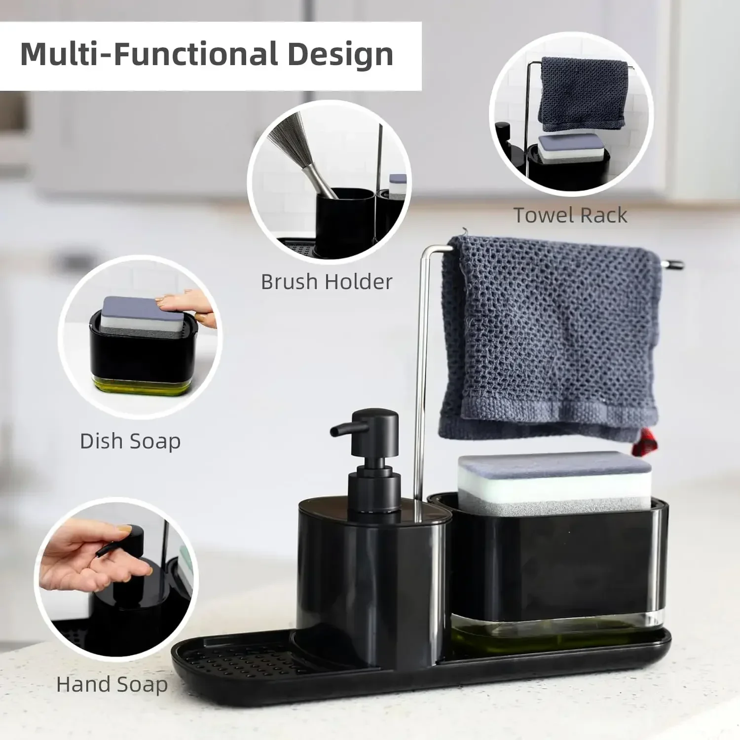 Kitchen Countertop Sink Drain Tray with Manual Press Detergent Dispenser And Towel Rack Detergent Liquid Dispensing Container Fo