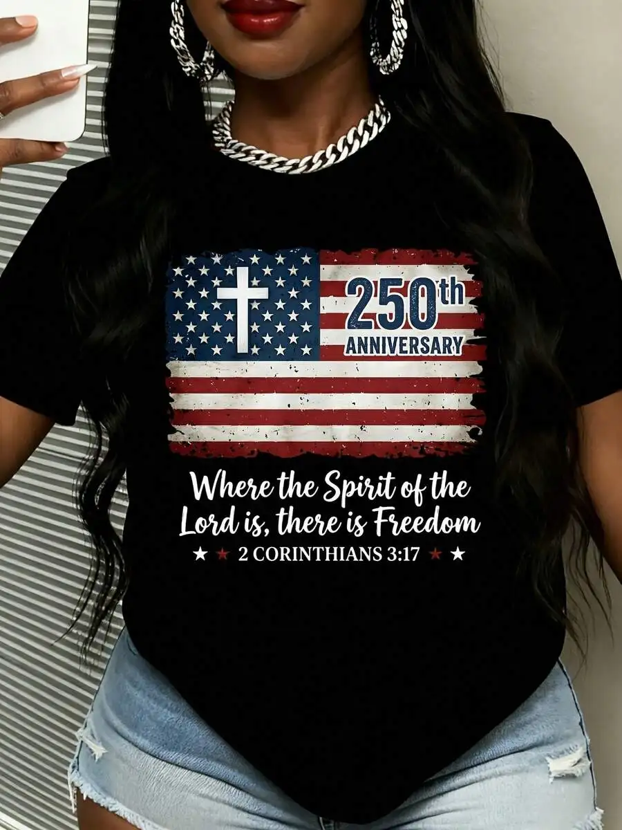 

Plus Size Crew Neck T-Shirt With American Flag Cross And 250th Anniversary Text Religious Patriotic Casual Top For Women