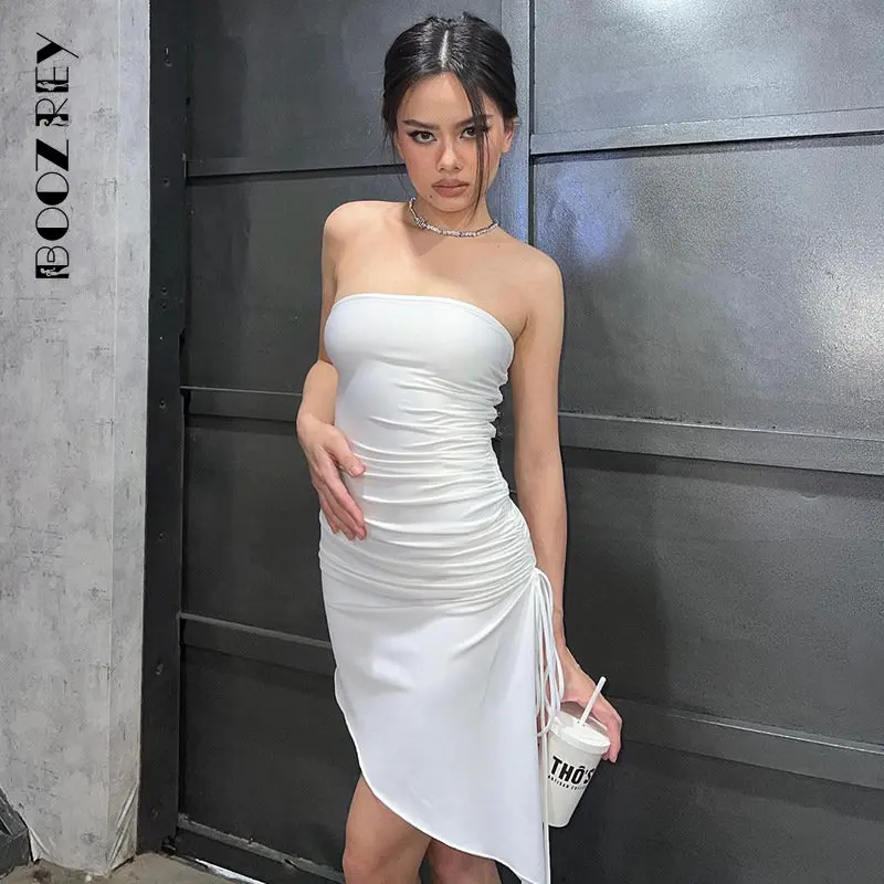 BoozRey Y2K Summer New Strapless Short Split Bodycon Dress Women Club Outfits Fashion White Mini Backless Sexy Party Dresses