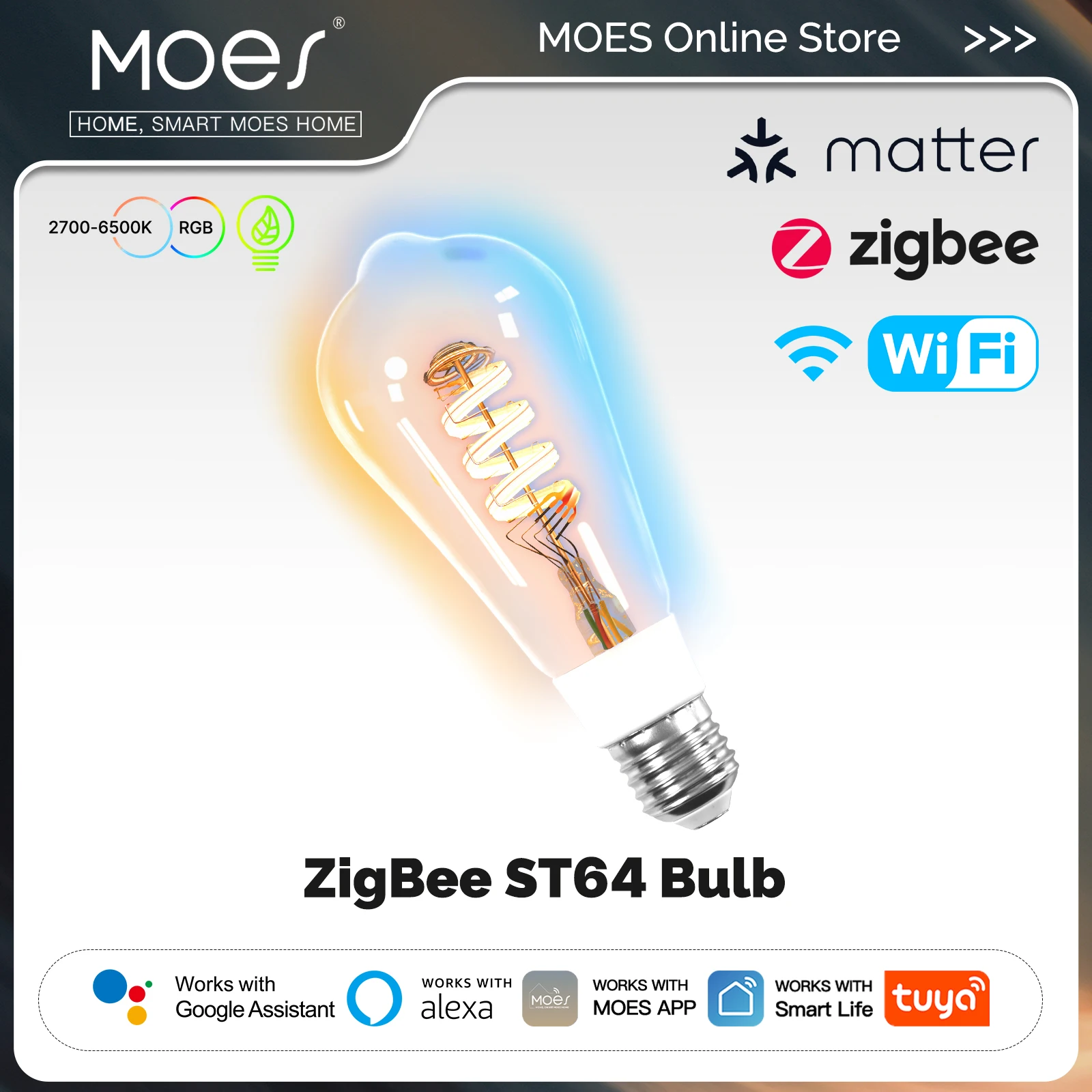 MOES Smart ST64 Edison LED Bulb,Tuya Matter/WiFi/Zigbee,16 Million RGB Colors,2700K-6500K,Dimmable,Works with Alexa/Google Home