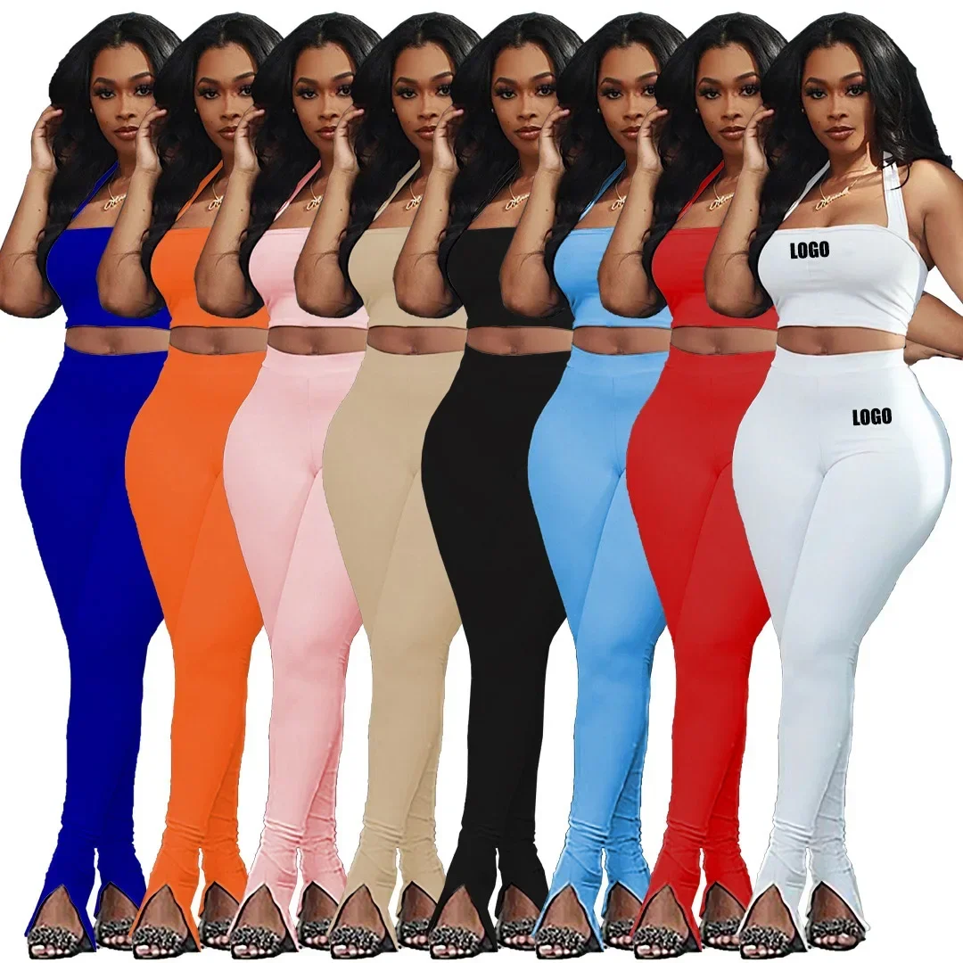 

Custom LOGO women's clothing fashion casual trousers with split ends, hanging neck straps, slim tube top trousers two-piece set
