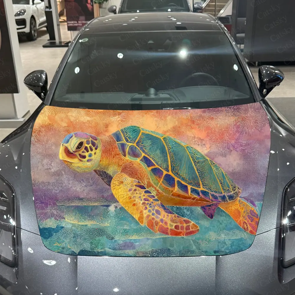Sea Turtle in Colorful Sea Car Hood Stickers - Self-Adhesive, Waterproof and Durable Vinyl Wrap, Decorate And Protect Your Car -
