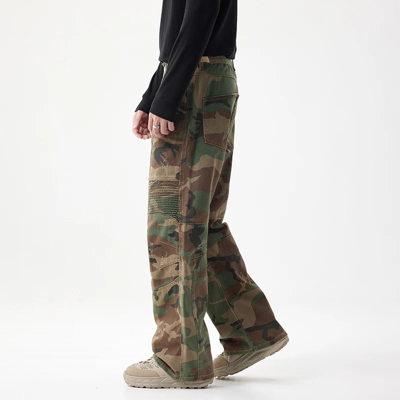 Men Camouflage Pants Loose Baggy Wide Leg Cargo Pants Male Trousers Striped Pleated Streetwear 100% Cotton 2024 Newly Kpop