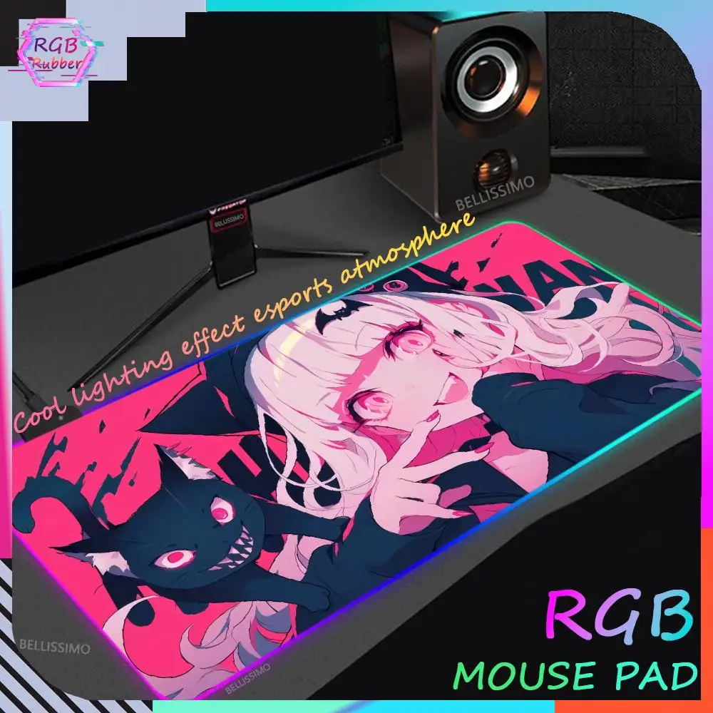 Pink Girls RGB Anime Rubber Mouse Pads XXL Cute Black Kitten Large LED Lighting Computer Pad Colorful Glowing Desk mat Backlight