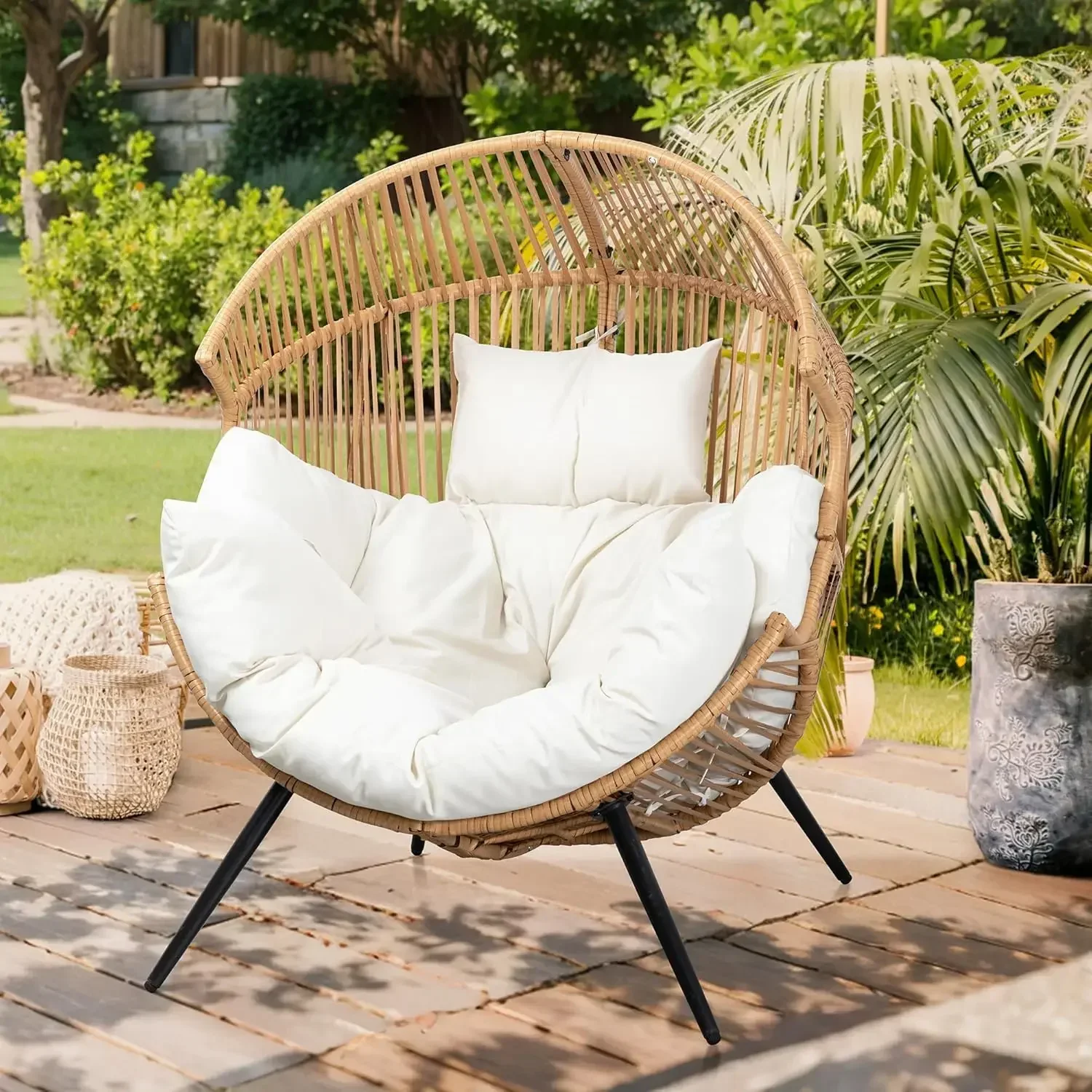 Wicker Egg Chair PE Rattan Chair with Cushion,Oversized Patio Lounge Chair for Outdoor,Indoor, Balcony,Garden, Living Room,Beige