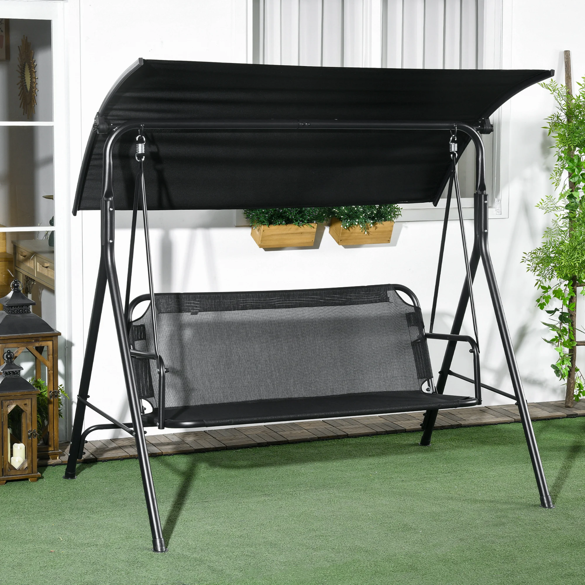 3-Seat Outdoor Patio Swing Chair w/ Cushion, Steel Frame Stand, Adjustable Tilt Canopy for Patio, Garden, Black 1