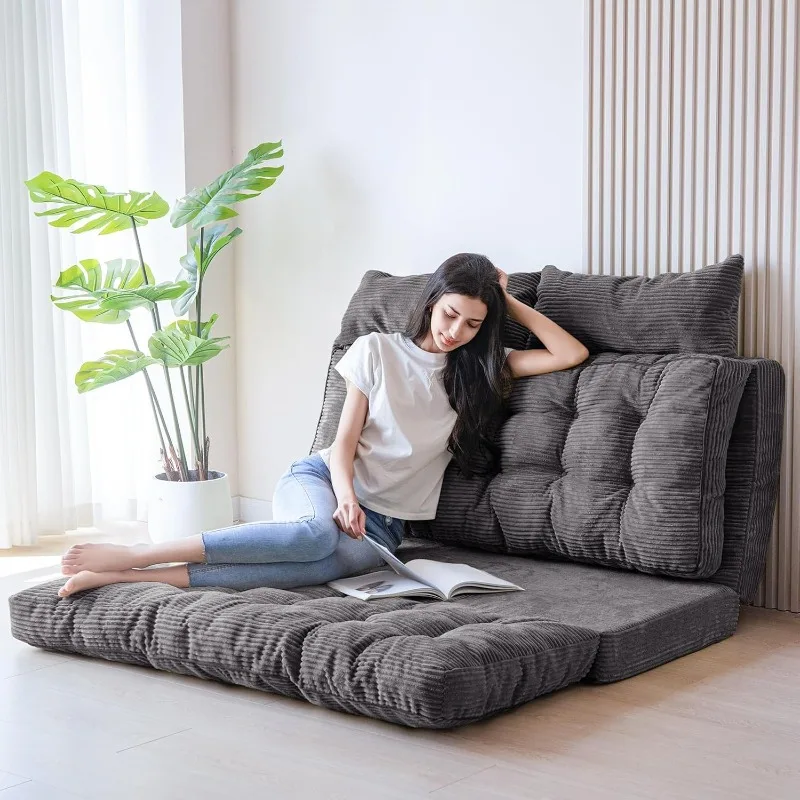 Bean Bag Bed Tufted Folding Sofa Bed with Pillows Floor Mattress for Adults, Extra Thick and Long Floor Sofa, Twin Floor