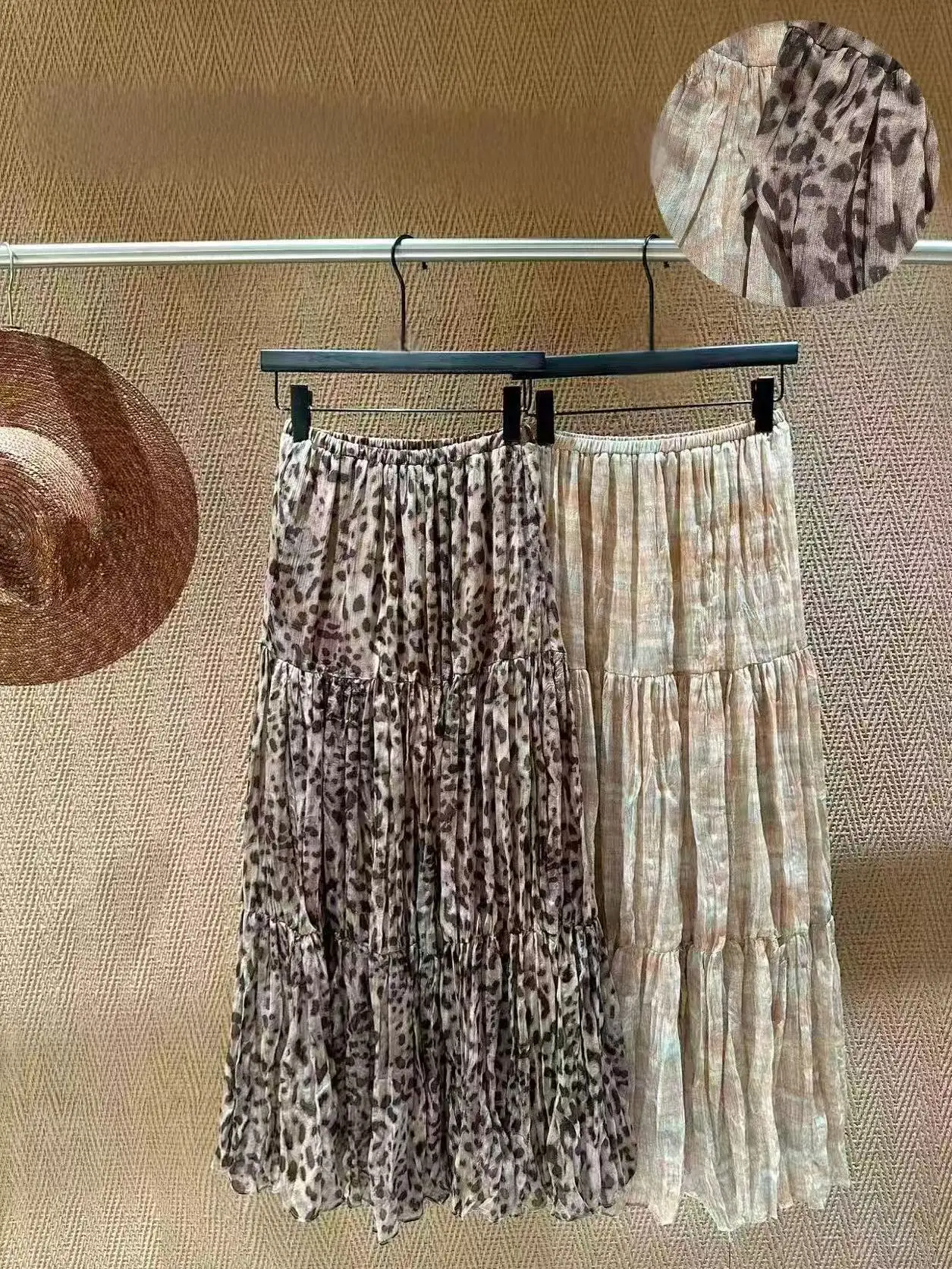 

Summer 2026 Leopard Print Half Skirt Women's A-Line Skirt Layered Waist Cross Design Girls Cake Skirt Elastic Waist Print Fabric