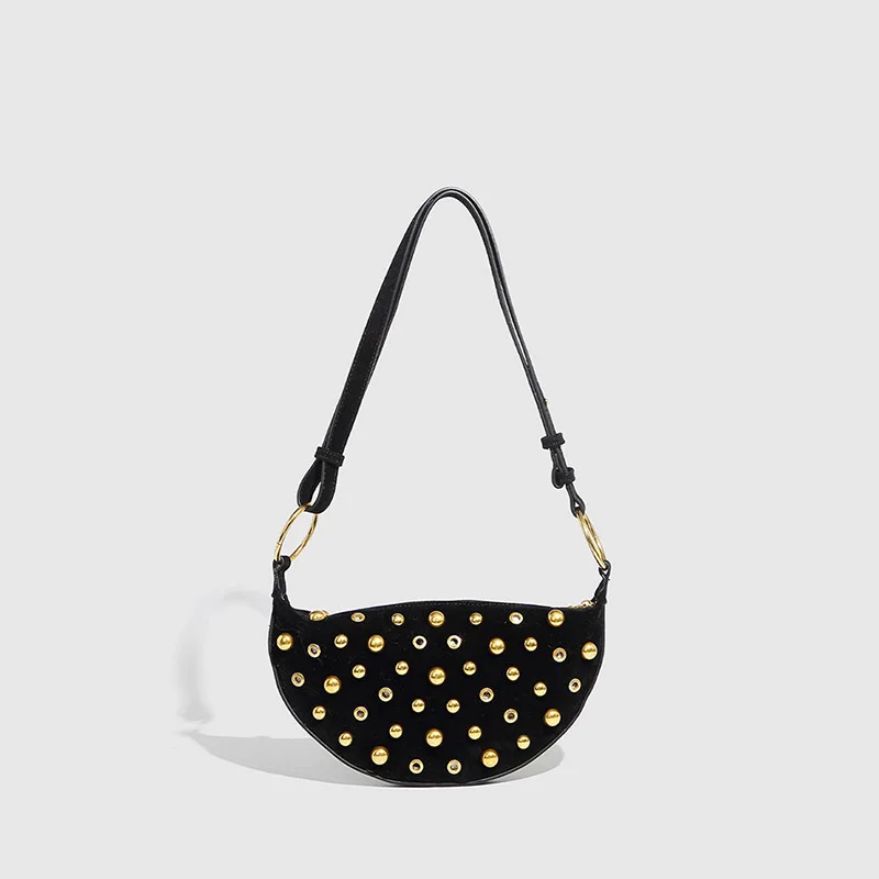

2025 New Women's Retro Rivet Crescent Designer Polka Dot Shoulder Chest Pocket Korean Niche Soft PU Multifunction Shoulder Bag
