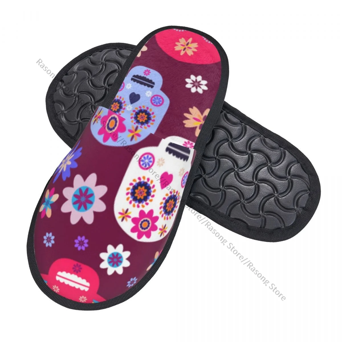 Indoor Sugar Skulls And Colorful Flowers Warm Slippers Home Plush Slippers Home Soft Fluffy Slippers