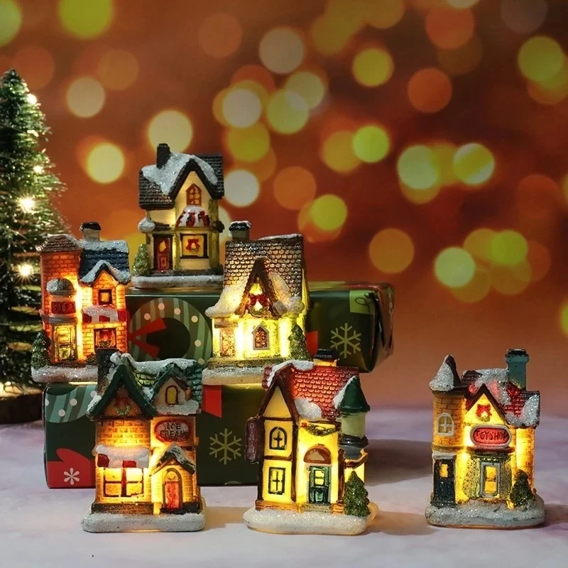 1PC Christmas House Figurine Christmas Resin Wear Resistant Micro Landscape Resin House Village Miniature Model Xmas Decoration