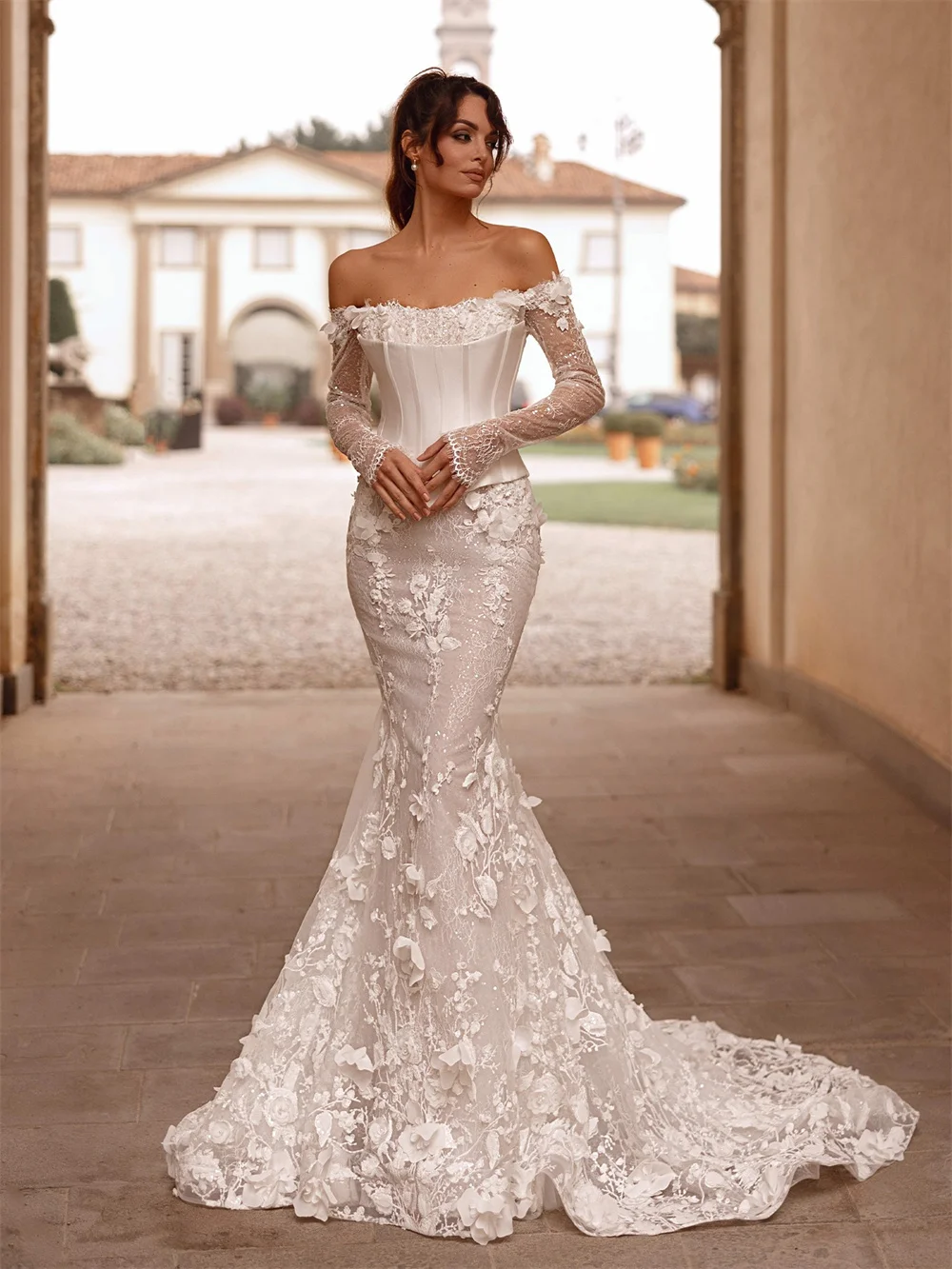 京都カスタムメイドホワイトスクエアカラーマーメイドウェディングドレスプリーツロングトレーンvestidos de nocheレースアップバックフォーマルイブニング2025