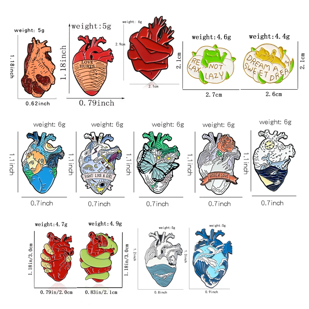 Anatomical Heart Style Enamel Pins Butterfly Snake Rose Ocean Whale Van Gogh Art Heart Brooches Lapel Pins Badge Gifts