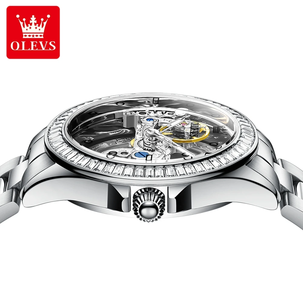 OLEVS Brand Fashion Skeleton Mechanical Watch Men Luxury Stainless Steel Waterproof Transparent Watches Mens Relogio Masculino