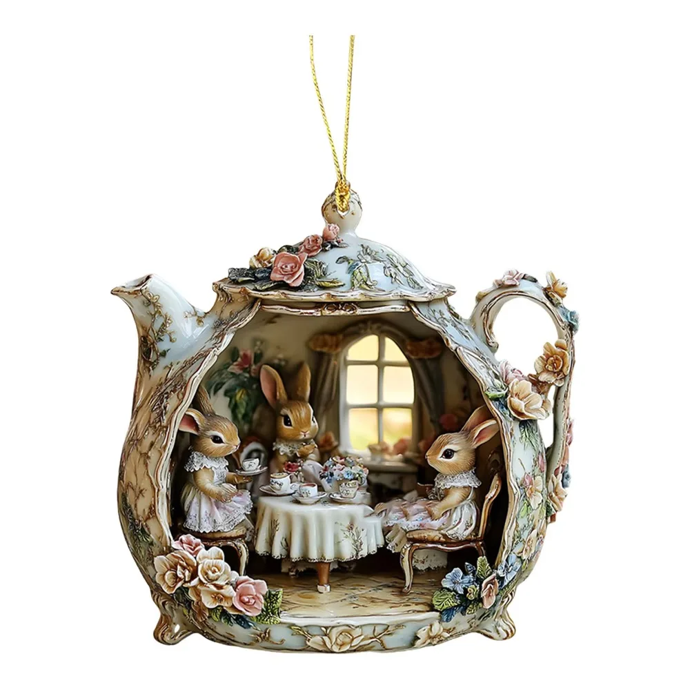 New 2D Acrylic Rabbit in Teacup Pendant Flat Bag Pendant Charms Christmas Hanging Pendants Rabbit Car Pendant Navidad Decor