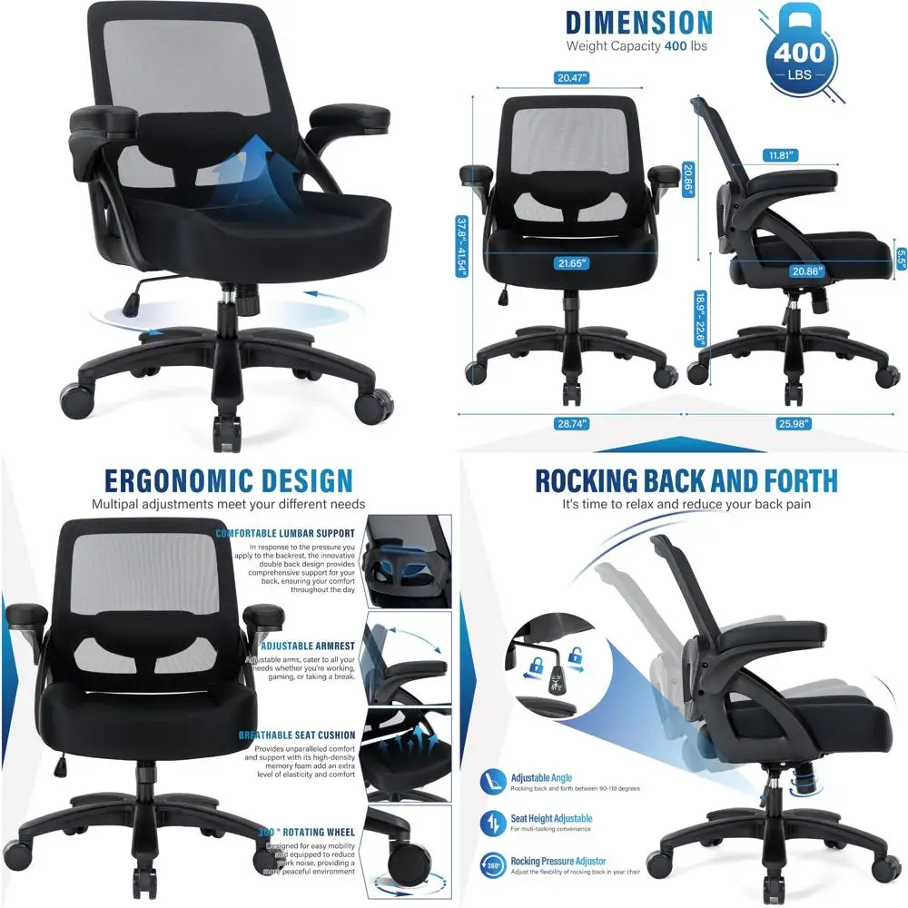 

Ergonomic High-Capacity Mesh Office Chair for 400lbs, Flip-Up Armrests, Wide Seat for Home and Office Use