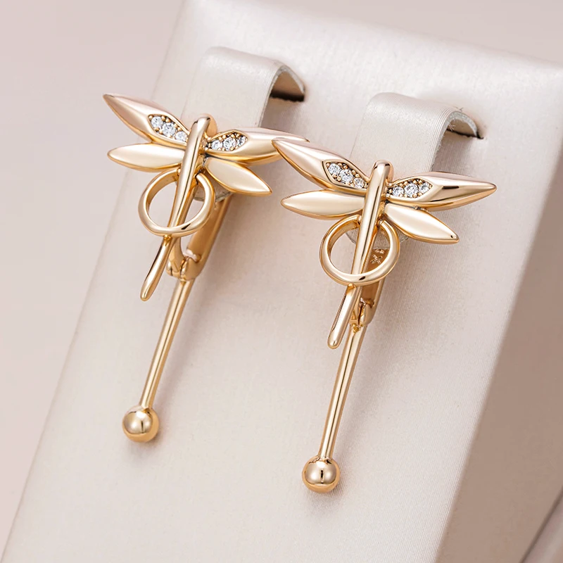 Wbmqda New Glossy Dragonfly Dangle Earrings For Women 585 Rose Gold Color Natural Zircon Setting Simple Trendy Jewelry Gifts