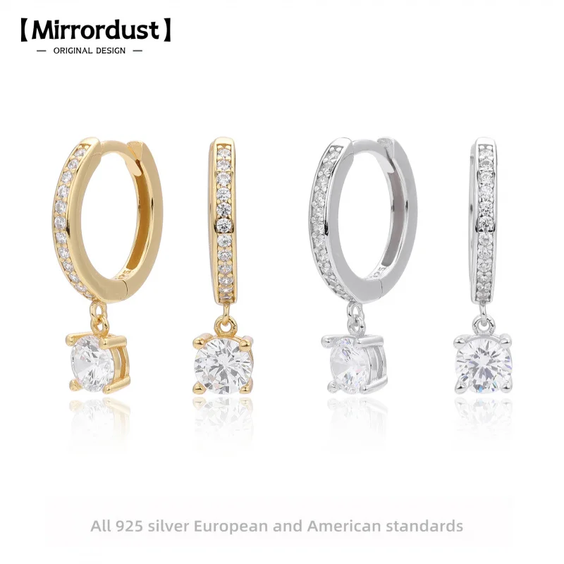 

【Mirrordust】925 Sterling Silver Inlaid Zircon Round Pendant Ear Clip Earrings Korean Style Wholesale Jewelry