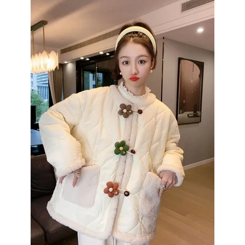 Kawaii Clothing Women Cotton Coat Flower Buttons Autumn Winter Parkas Long Sleeve Jacket Warm Bread Coat Korean Fashion New