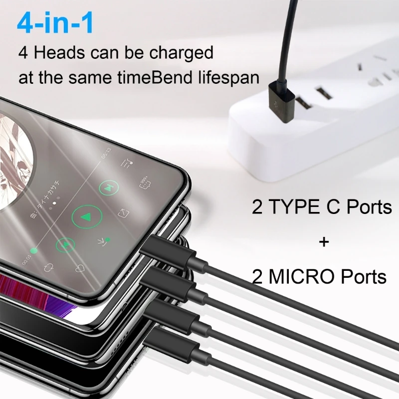 Portable 1 in 4 Out Power Cord Wire USB to 2 Type-C+2 Micro Multi-port Charging Cable Line for Cell Phones Tablets