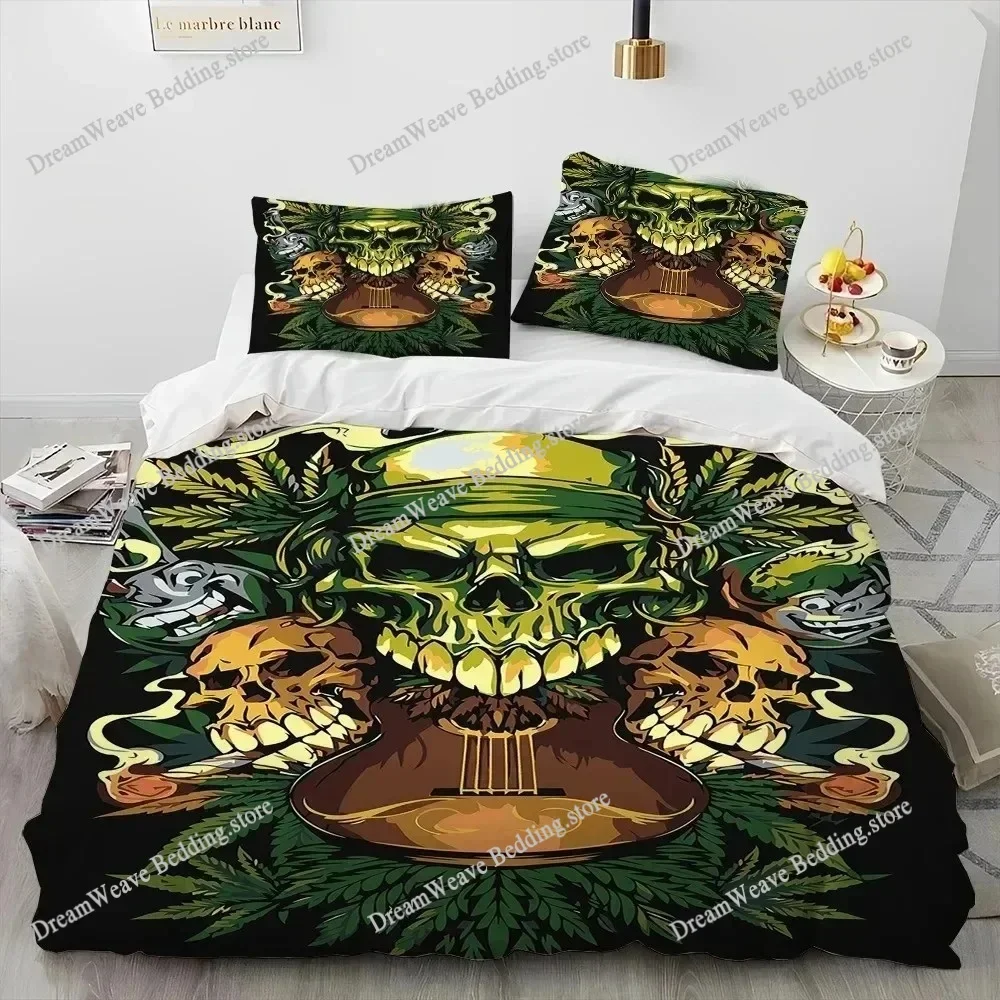 Maple Weed Plant Green Death Skull Smoke Bedding Set Duvet Cover Bed Set Quilt Cover Pillowcase Comforter King Queen Size 5