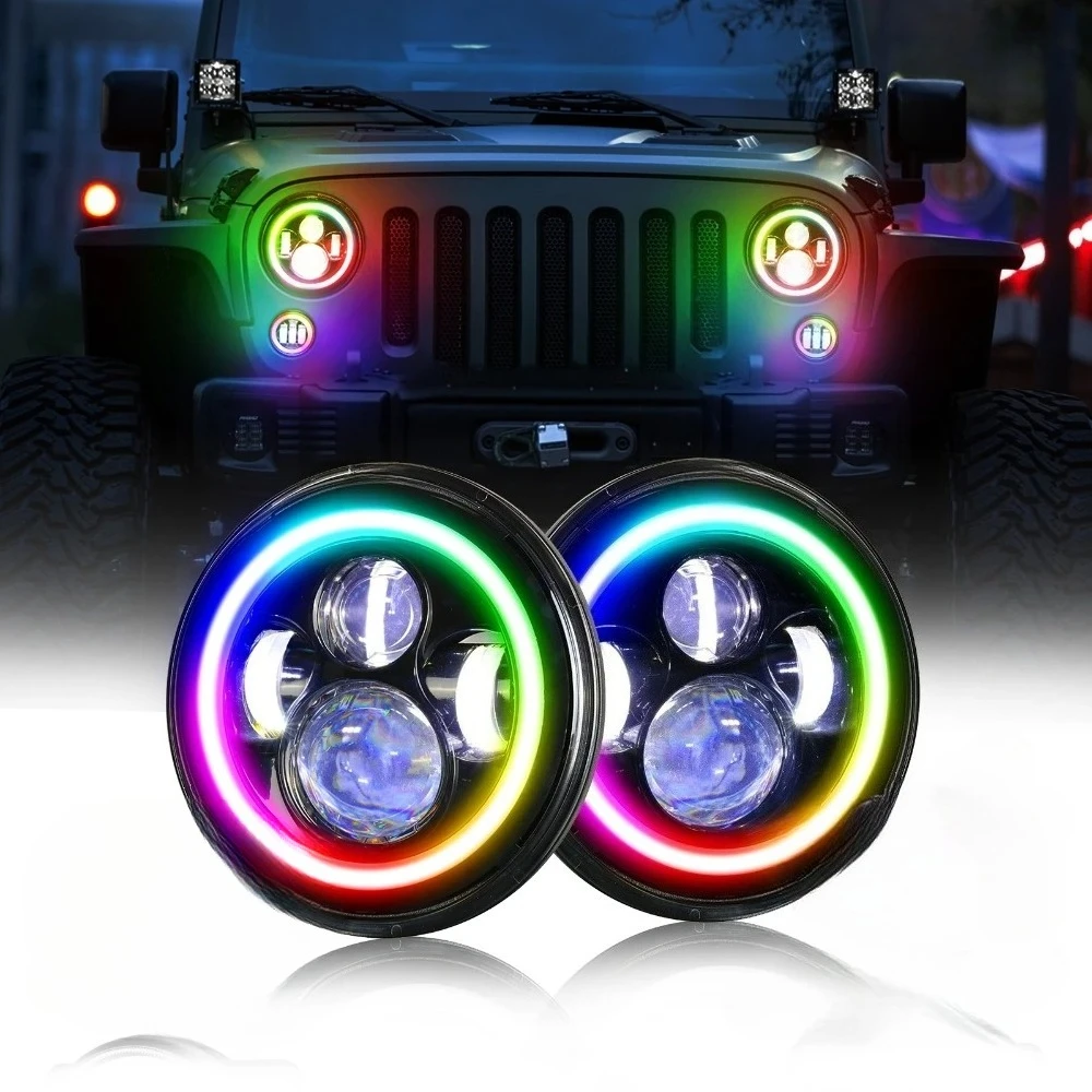 

7inch Led Headlight 1Pair Hi-Lo Beam With RGB Multi-Color DRL Halo Ring Angel Eye Light for Jeep Wrangler Jk Tl Lj Unlimited