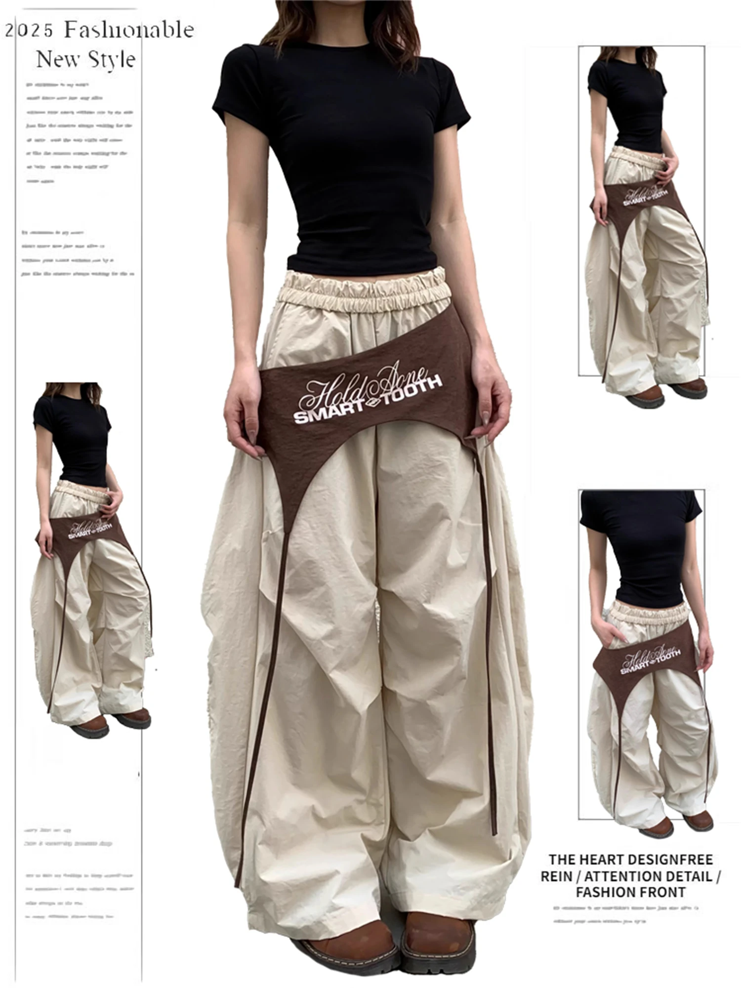 

Women's Neutral Tone Wide Leg Pants New Fashion Letter Print Asymmetric Patchwork High Waist Loose Casual Streetwear Trousers