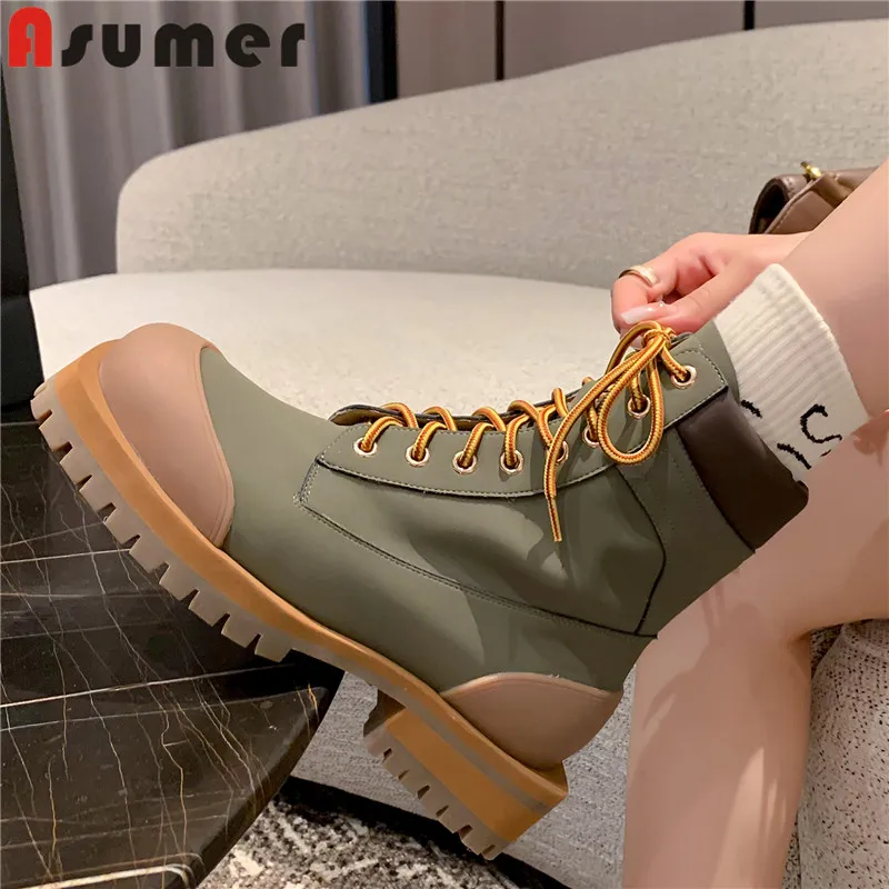 

ASUMER 2024 New Lace Up Ladies Dress Platform Boots Genuine Leather Winter Boots Women Mixed Colors Square Med Heels Ankle Shoes