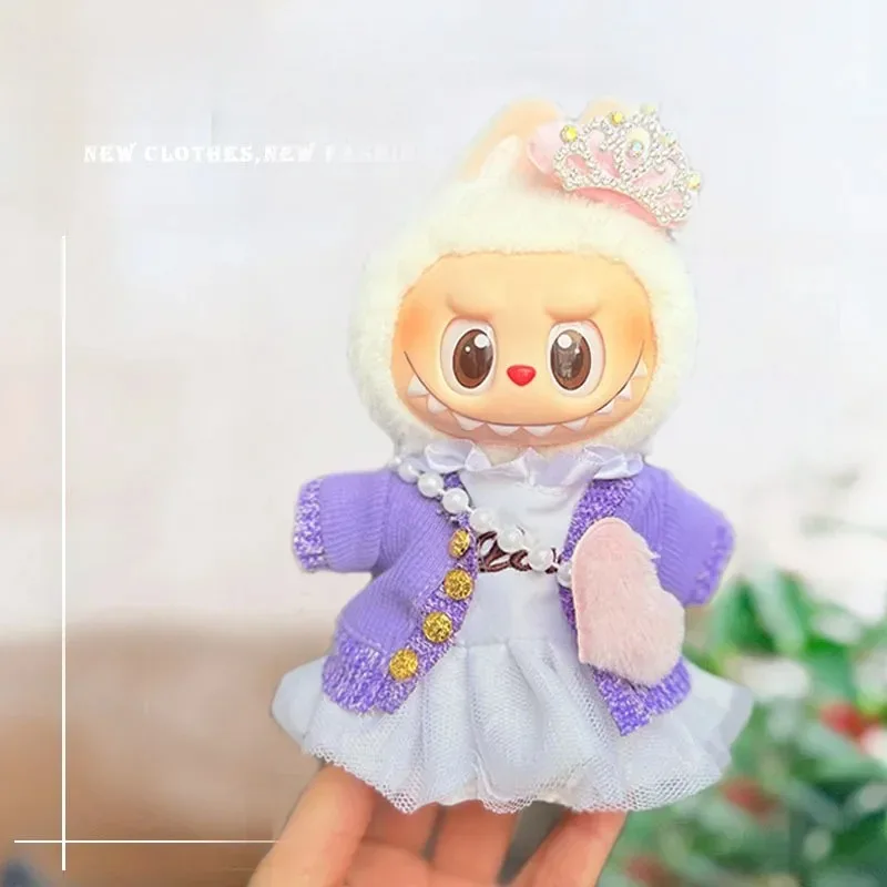 Leuke 17cm Labubu poppenkledingset - Macaron pluche outfit met haaraccessoires, doe-het-poppenjurk, zacht kostuumcadeau voor verzamelaars