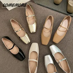 New Women's Flat Square Toe Mary Janes Shoes Sliver Gold Leather Shoes for Female Buckle Strap Ladies Shallow Shoe Spring/Autumn