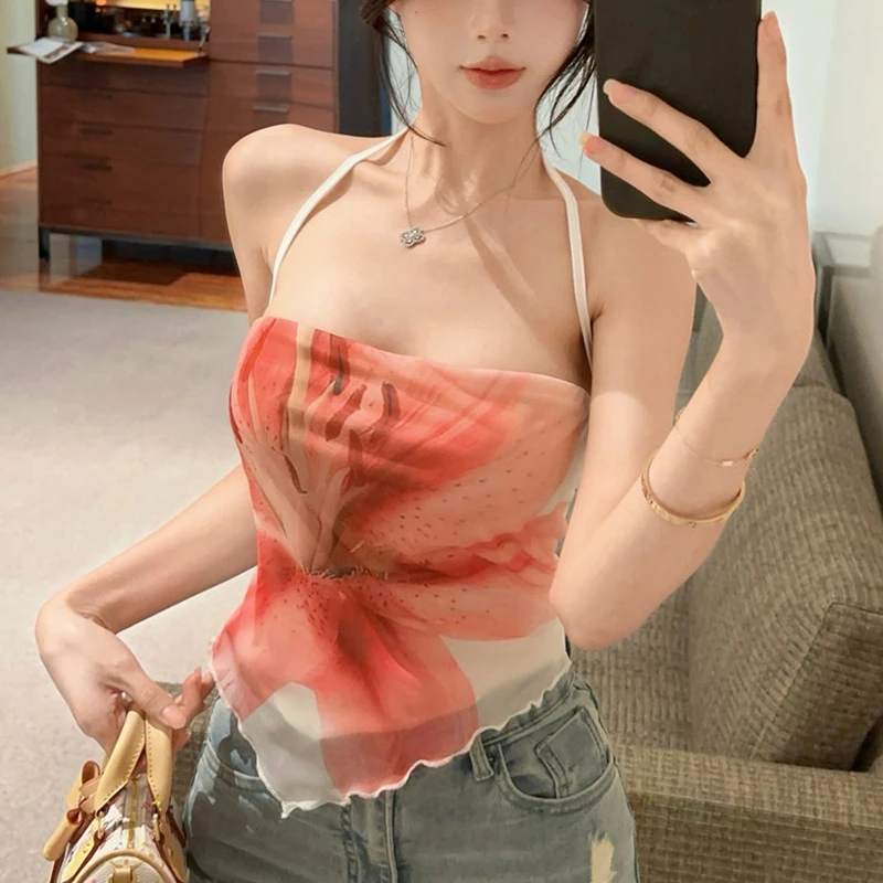Sexy Floral Print Bustier Short Strapless Triangle Scarf Small Camisole Vest Top Women's Seaside French Design Short Top