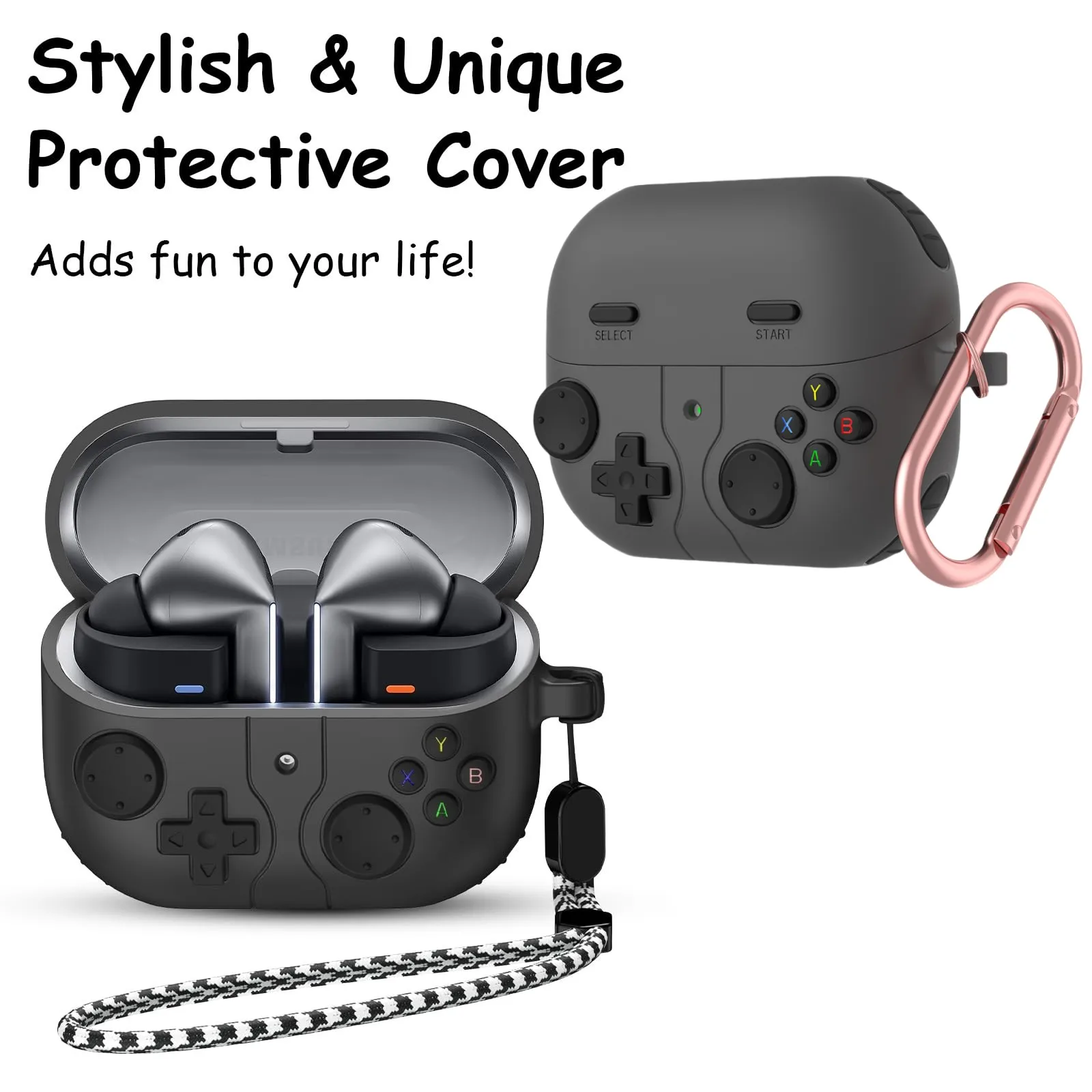 サムスンギャラクシーバッド3およびバッド3proの保護ケース,ゲームプレーヤーのデザイン,カラビナ付きカバー,ストラップ