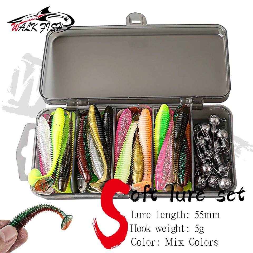 

WALK FISH 50pcs Soft Fishing Lures Kit Silicone Bass Pike Trout Swimbait Jig Heads Hook Swivels sea Fishing Aritificial Bait