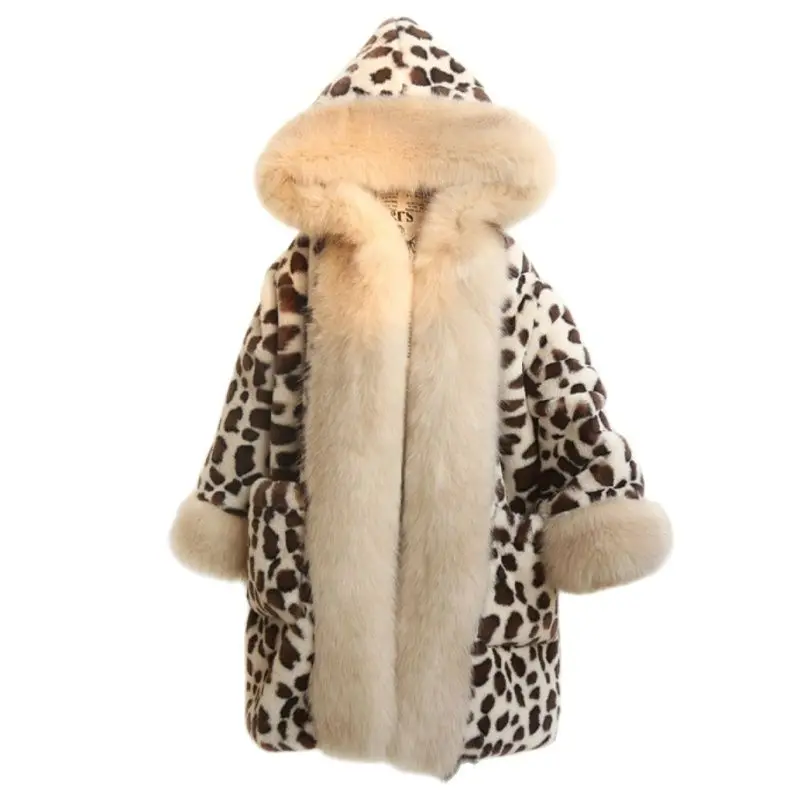 New Winter Fashion Leopard Baby Girl Fur Coat Long Jacket Hooded Parka Children Faux Rabbit Fur Coats Kids Outfit Snow Plus Size