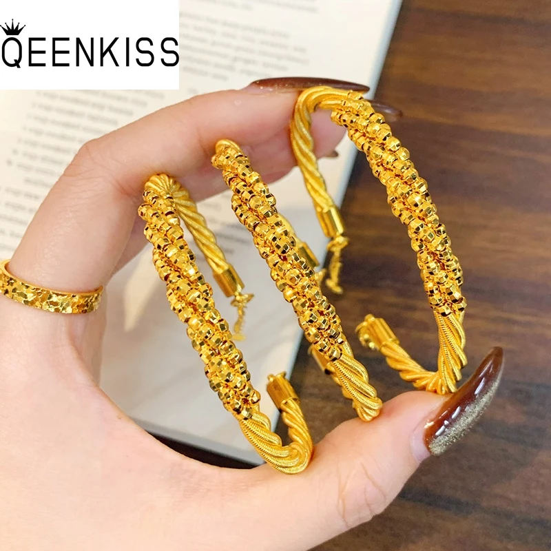 QEENKISS 24KT Gold Shiny Beads Bracelets Bangles For Women Wedding Party Birthday Christmas Bride Mother Girl Lady Gifts BT5433