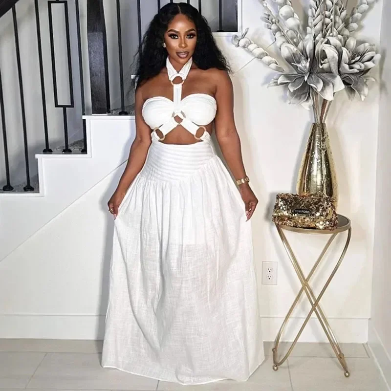 Sexy Halter Backless Maxi Dress Sets Woman Two Piece Set Festival Outfit Y2K Bandage Hollow Out Top and Long Skirt Matching Sets