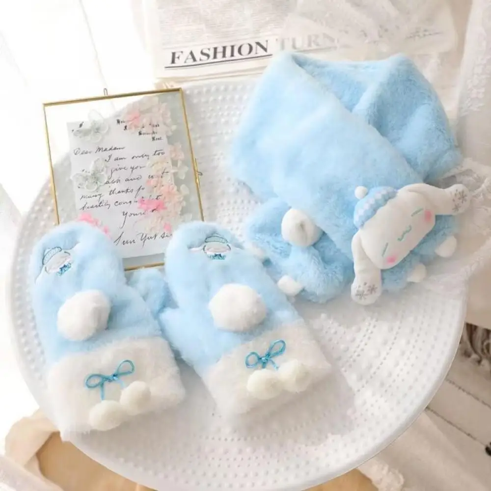 Sanrioed Kawaii Cinnamoroll Plush Scarf Gloves Anime Winter Cartoon Thicken Keep Warm Gloves Girls Cute Christmas Festival Gift