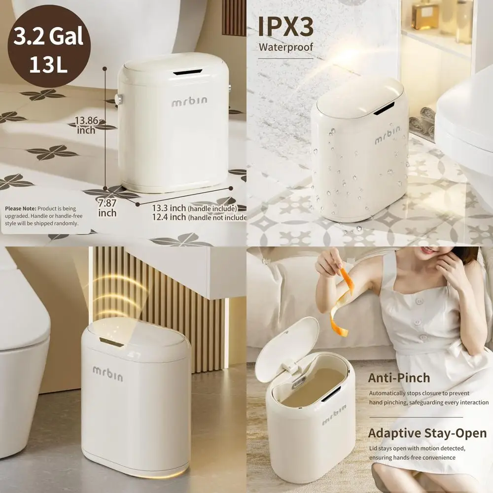 

Touchless 3.2 Gallon Metal Trash Bin with Motion Sensor, Slim Design for Bathroom, Kitchen, and Office, Cream White