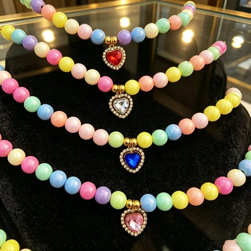 

Macaron Beaded Pet Necklace with Heart Crystal Pendant for Small Dogs Cats Cute Colorful Collar Jewelry for Yorkshire Kitten
