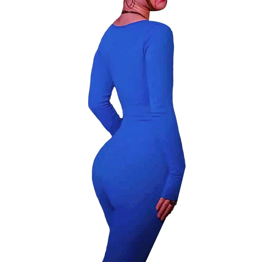 LANGMAO Kombinezon damski Skinny Solid Color Ribbed Knit Long Sleeve Square Neck Bodycon Jumpsuit Romper Work Out Sport Yoga