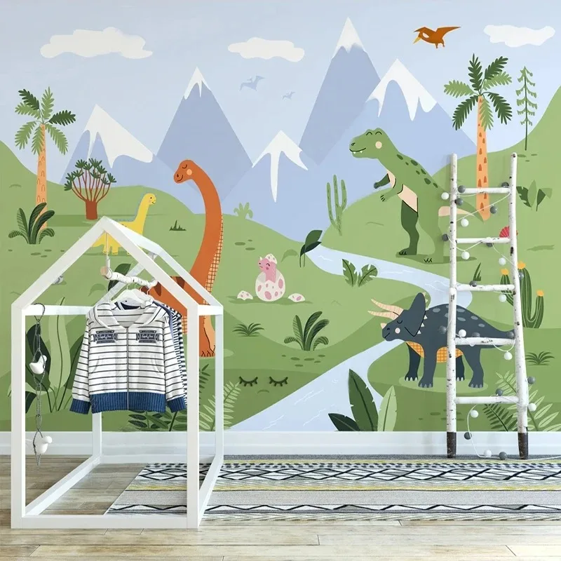 Custom Mural Wallpaper Nordic Hand-painted Valley Cartoon Little Dinosaur Green Forest Children's Room Background Wall Decor