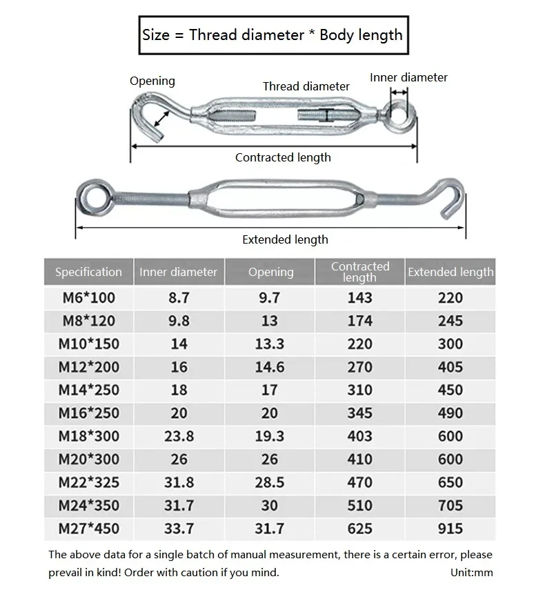 M6~M30 Carbon Steel Hook And Eye Turnbuckle Rope Cable Tension Sets Adjustable Garden Wire Ropes Tensioner Locking Device