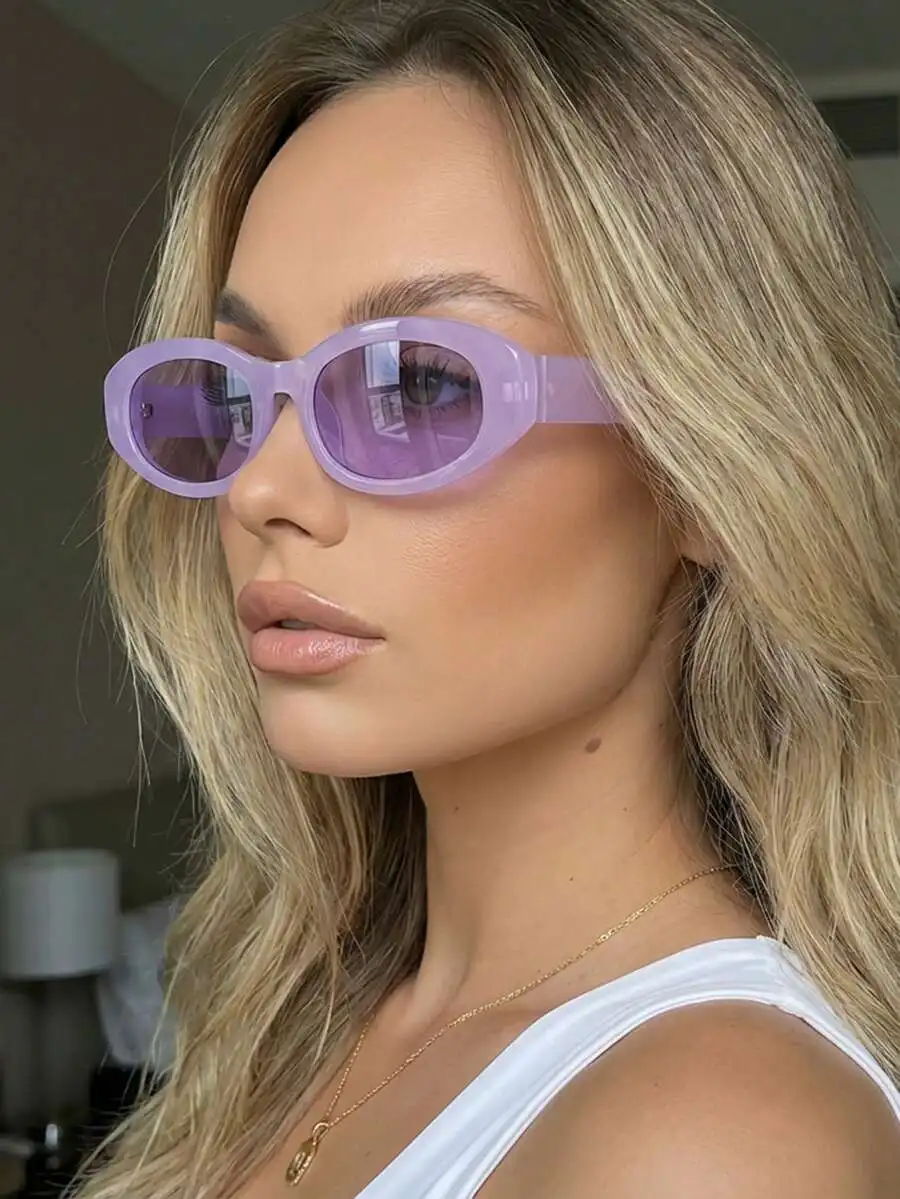 1 Pair Women's Purple Oval PC Frame Fashion Glasses, Simple Solid Color, , Fashionable For Vacation