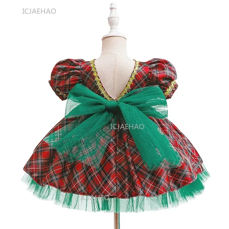Red Green Christmas Holidays Girls Dress Big Bow Plaid Pattern Tulle Spliced Party Gown Birthday Celebration Outfit Elves Kids