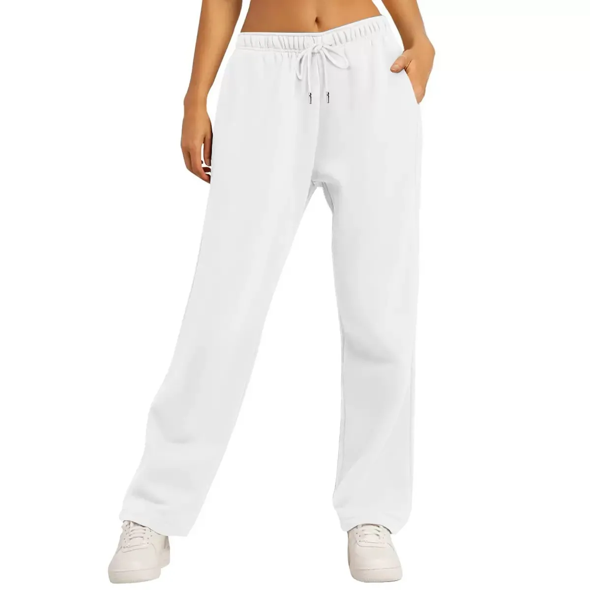 Men Women New Elastic WaistHH Pants with Side Pockets Fleece Lined Thick Wide Leg Sweatpants Pure Color Straight Cut Trousers
