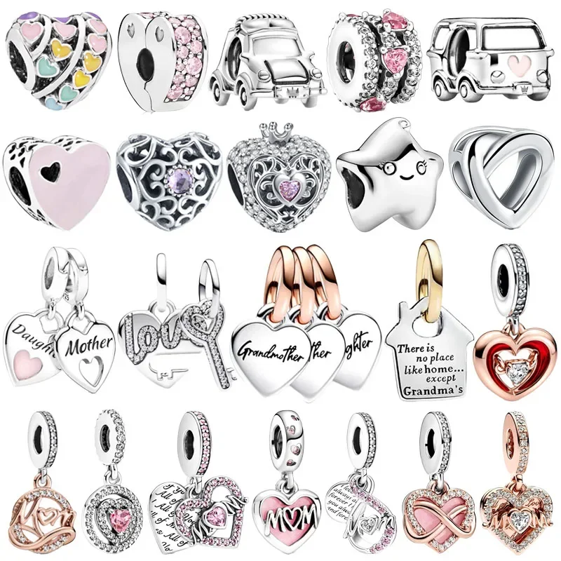 

Pendant Mom Series Pink Suitcase Car Heart-Shaped Beads Hot 925 Sterling Silver Fit Original Pandora Bracelet DIY Charm Jewelry