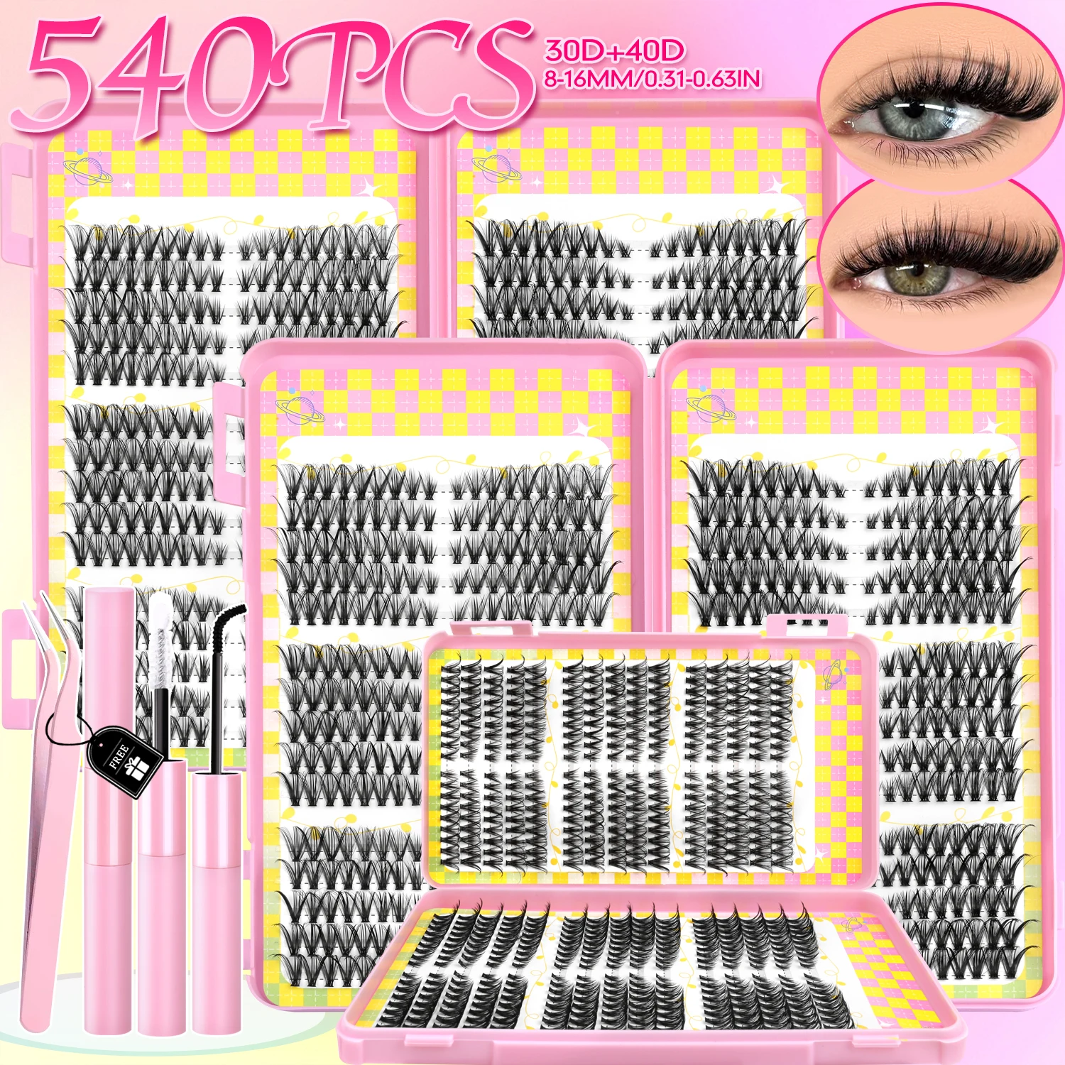 Lasvirey Kit de pestañas postizas individuales, pestañas postizas esponjosas, bandeja mixta, extensiones de pestañas individuales con Lash Bond y Seal