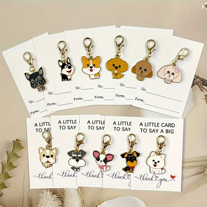 11-teiliges Niedliches Cartoon-Hunde-Schlüsselanhänger-Set mit Dankeskarte, Legierung Tier-Charm Geschenk für Hundeliebhaber, Corgi Teddy Samojede Unisex