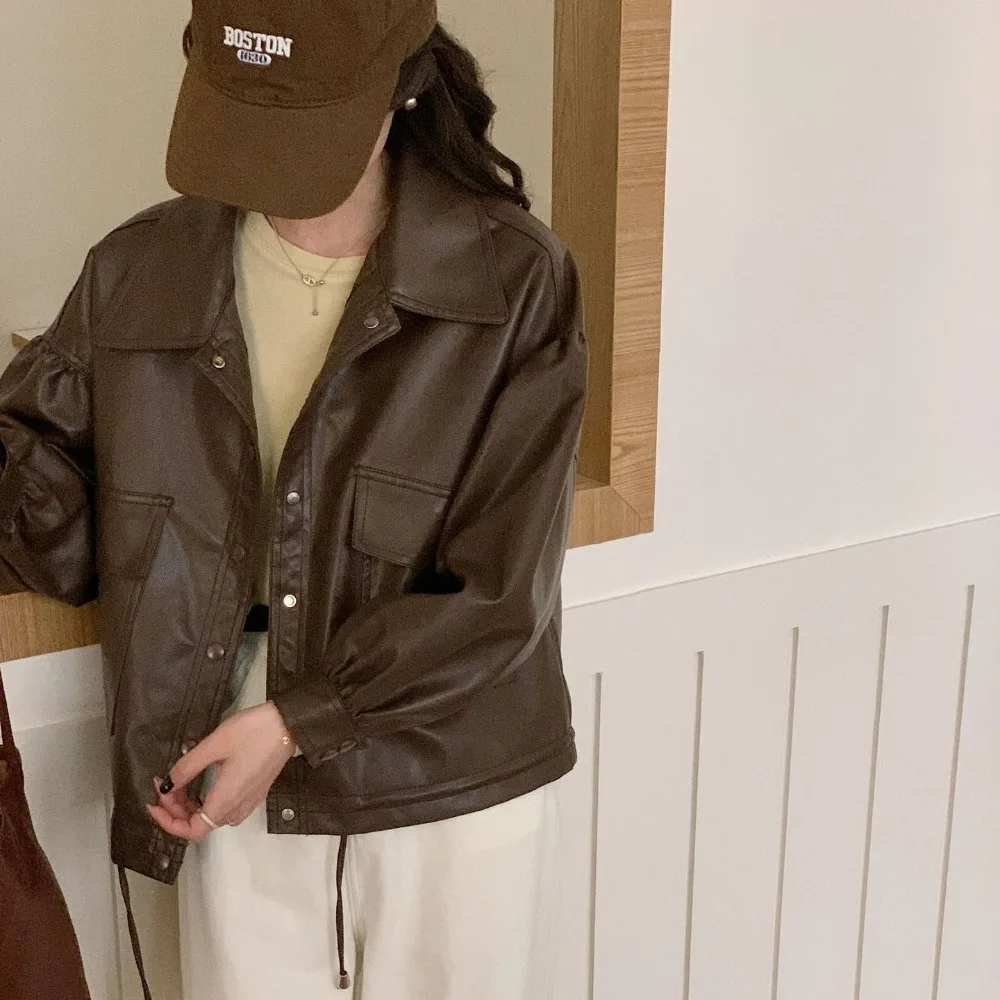 

Women's Jacket PU Coat Casual Women's Jacket Fashion Brown Faux Leather Jacket Black Ruffled Jacket Woman Leatherette Coat Women